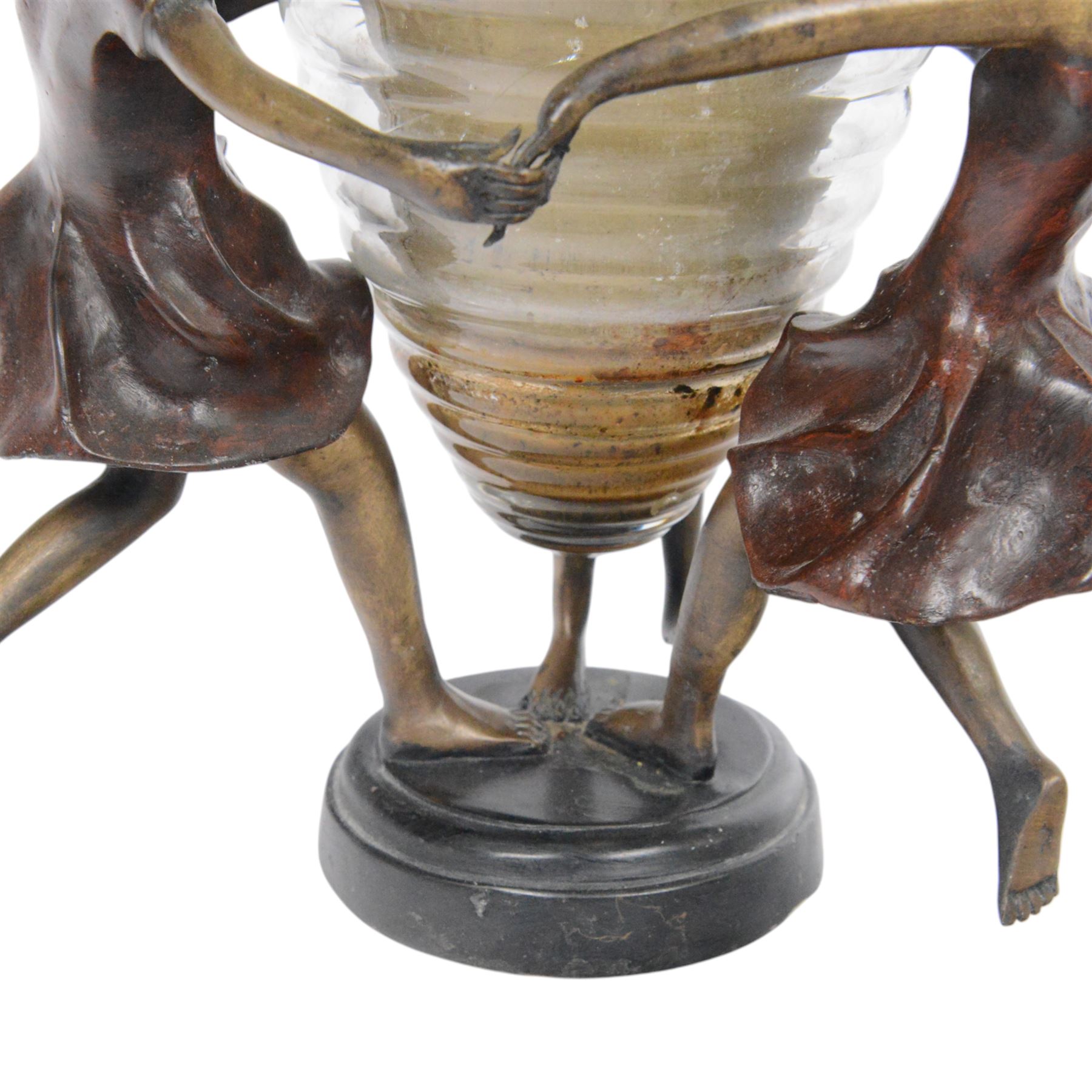 After Edouard Louis Collet: Circle of Three, bronze and glass centrepiece, H22cm