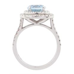 18ct white gold oval cut aquamarine and two row round brilliant cut diamond ring, hallmarked, aquamarine approx 2.40 carat, total diamond weight approx 0.75 carat