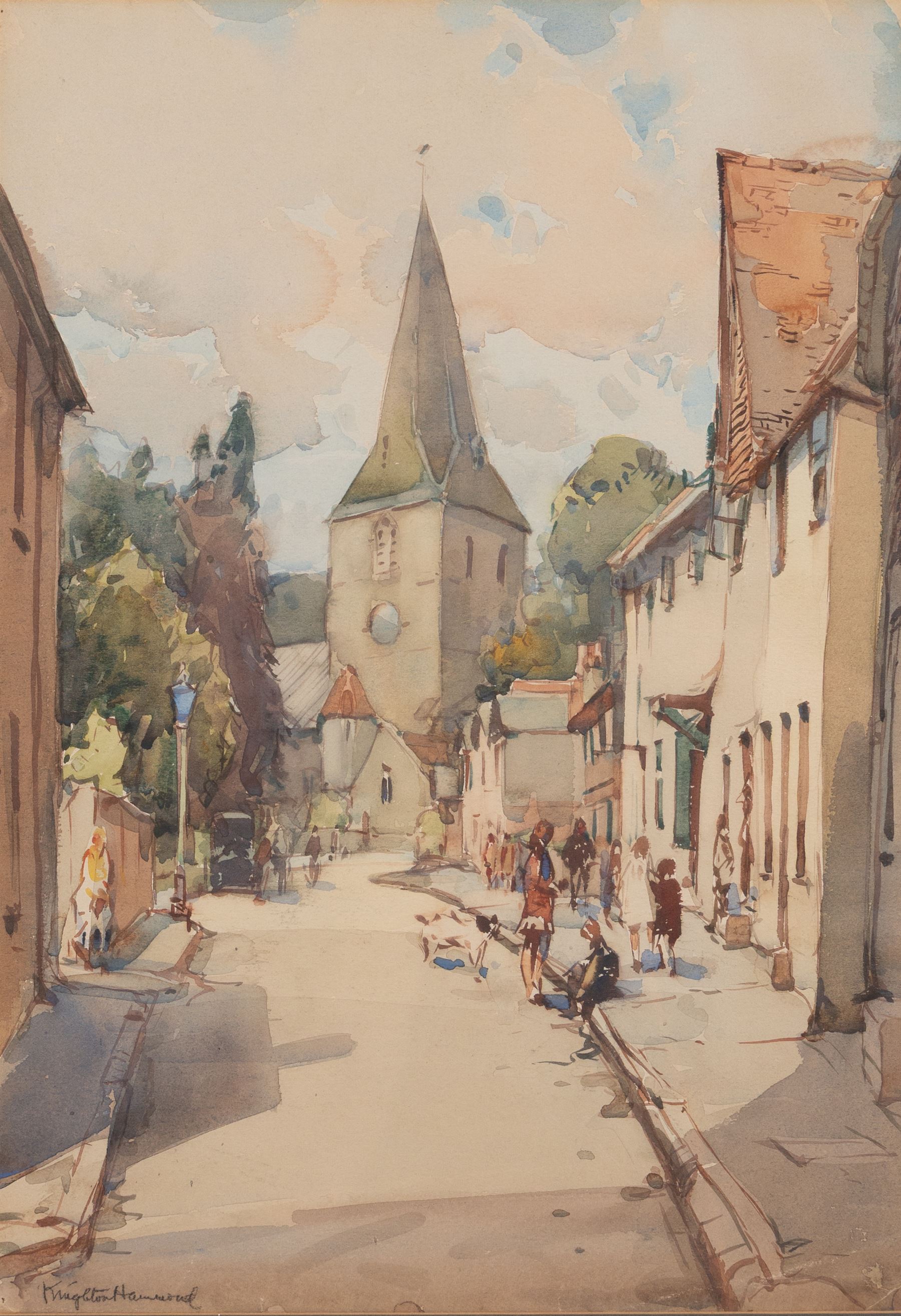 Arthur Henry Knighton-Hammond (British 1875-1970): Village Church - possibly Shere, watercolour signed 48.5cm x 34cm