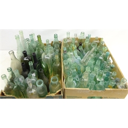  Collection of vintage glass bottles including Old Crans Special Toddy, Tadcaster Tower Brewery, Northampton Brewery, some inkwells and other glass ware in two boxes  