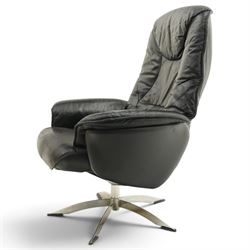 Hjort Knudsen - Danish swivel armchair or desk chair, high back over swept arms, upholstered in black leather, raised on a five-spoke chrome base with swivel action