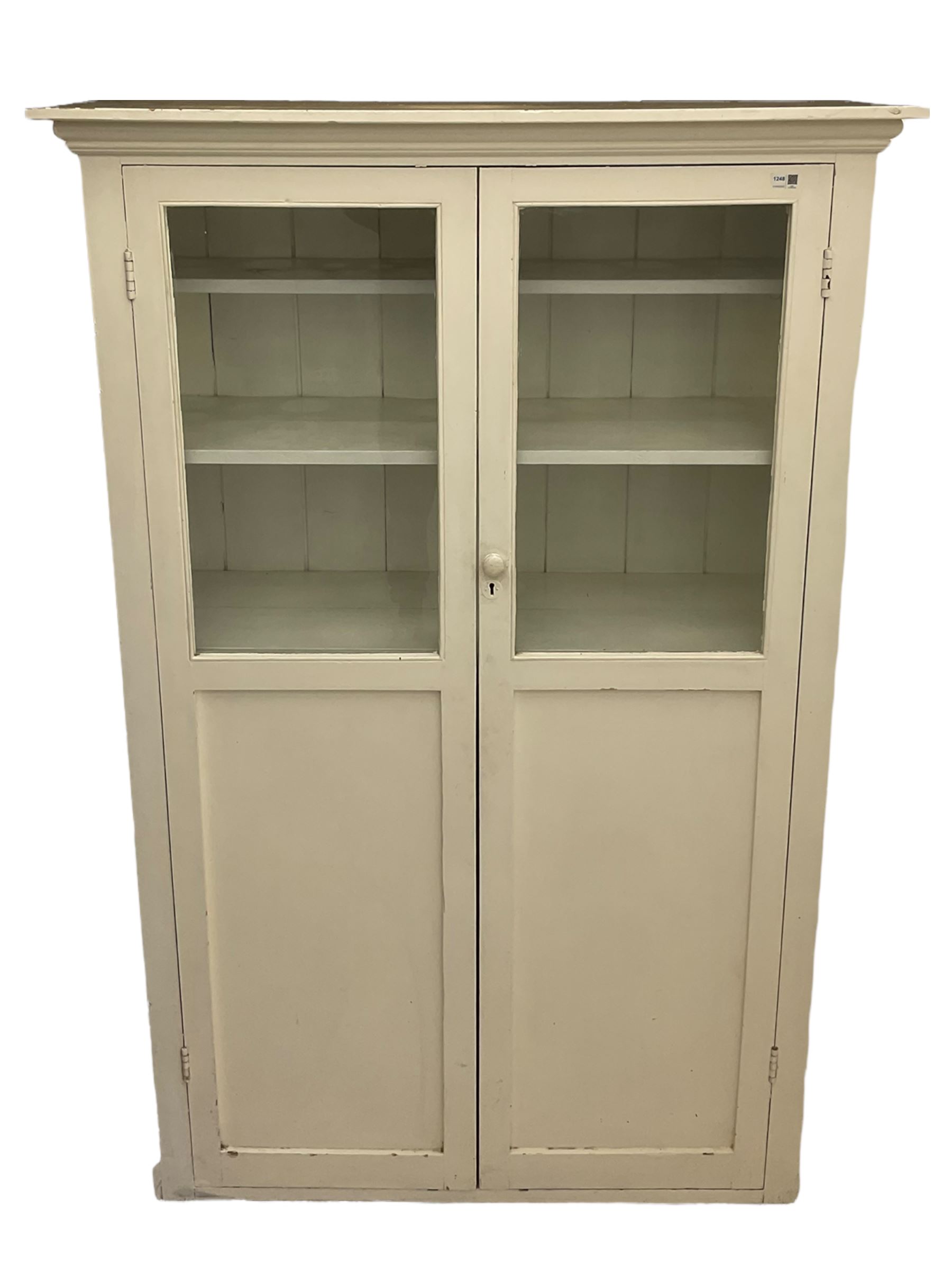 19th century painted pine kitchen cupboard, enclosed by two part glazed doors