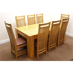  Solid oak rectangular dining table, square supports (W180cm, H76cm, D91cm) and eight dining chair, slat back, upholstered seat, square supports (W47cm)  