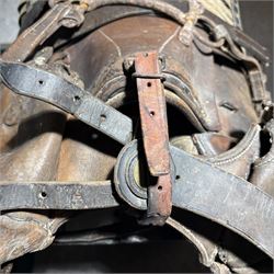 WWI French cavalry 17'' saddle, model 1916, with leather saddle bags, stirrups, girth and bit  