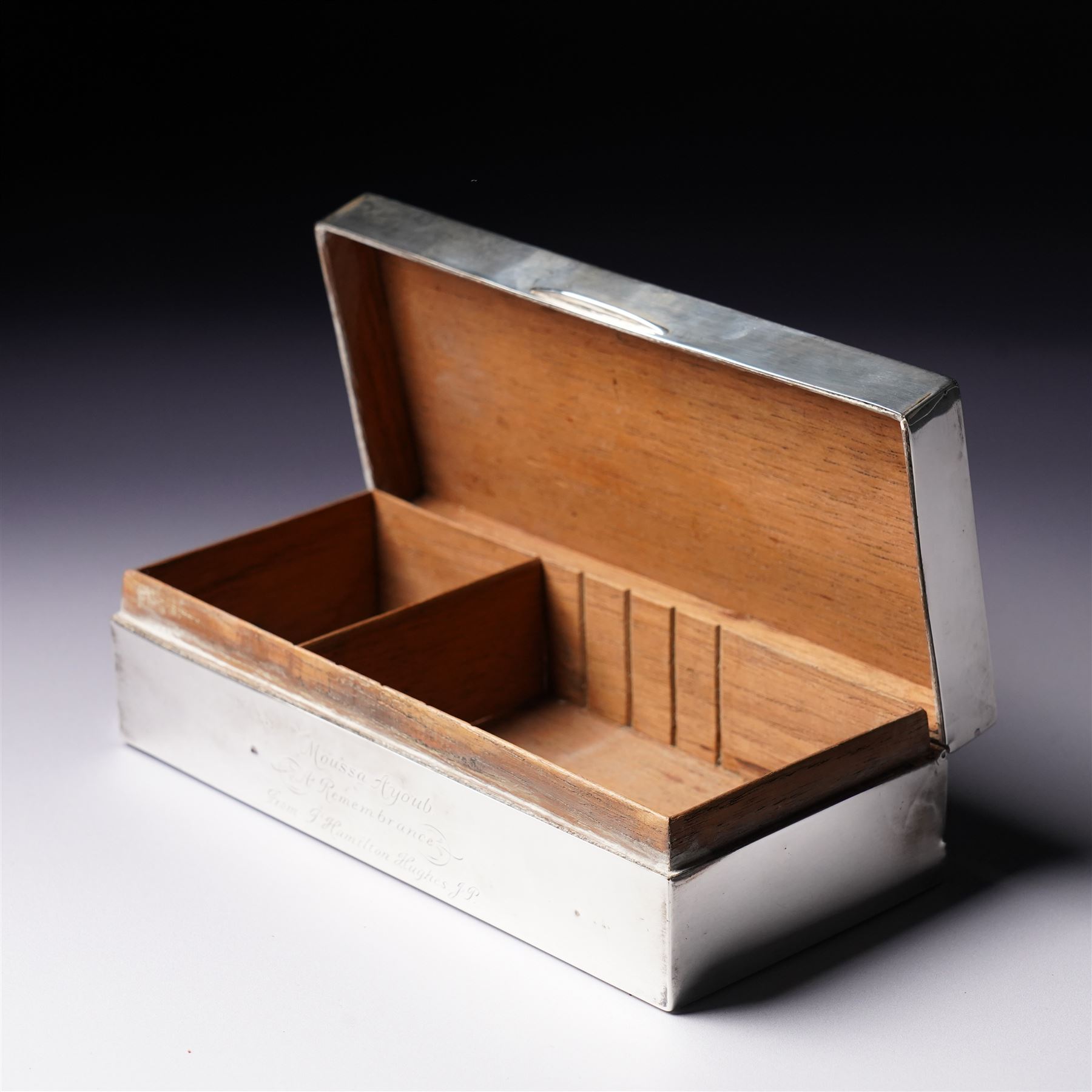 Silver rectangular cigarette box with engine turned cover engraved with initials and presentation inscription W19cm London 1921 Maker Charles & Richard Comyns