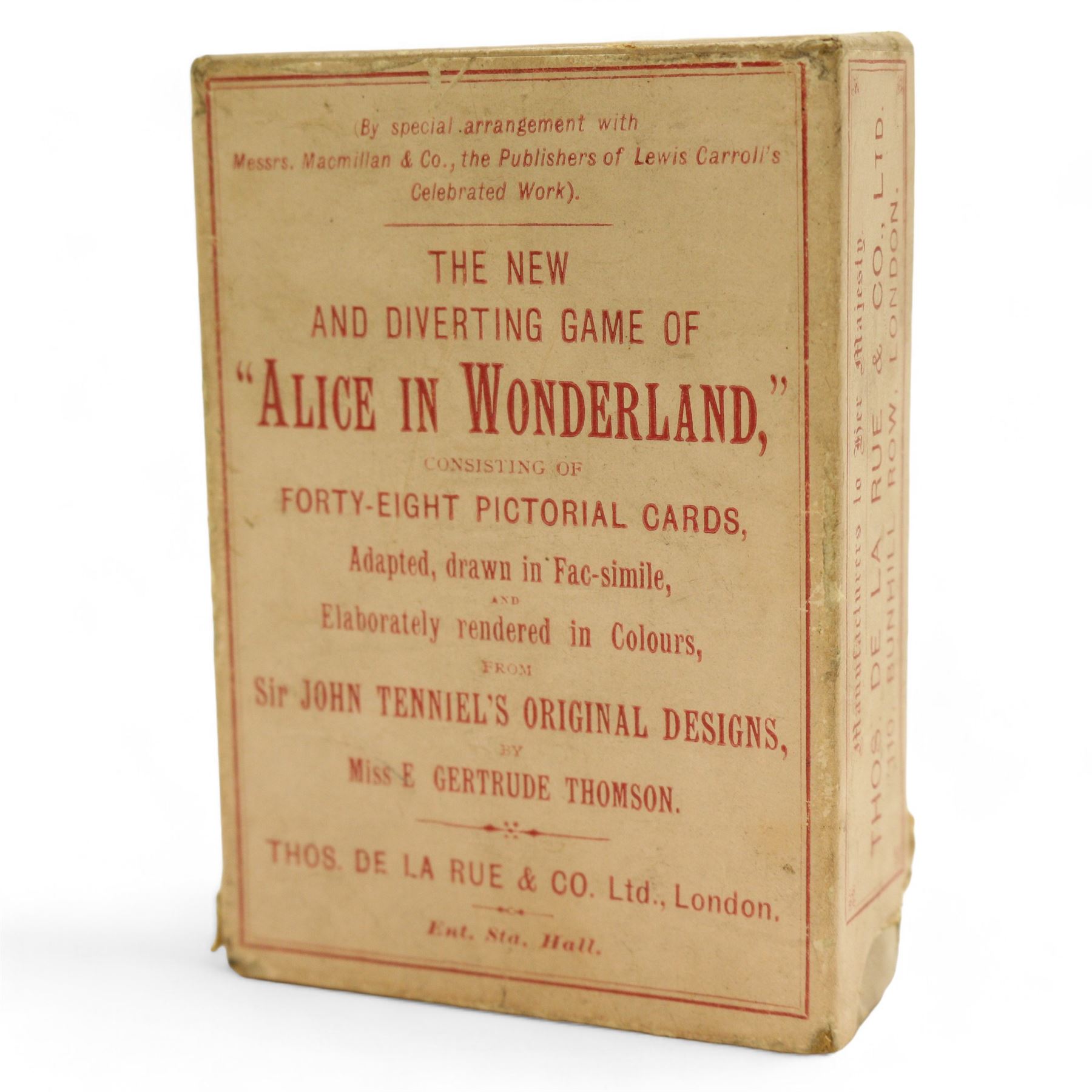 Late 19th century Alice In Wonderland card game, comprising forty eight pictorial cards, various colour illustrations from Sir John Tenniel's original designs by Miss E. Gertrude Thomson, manufactured by Thomas De La Rue & Co. Ltd., slip case with cover
