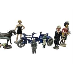 Selco Services gypsy caravan with horse, figure and steps; die-cast tandem combination; motorcycle with rider; die-cast girl-on-swing; and twelve various lead figures by Johilco etc