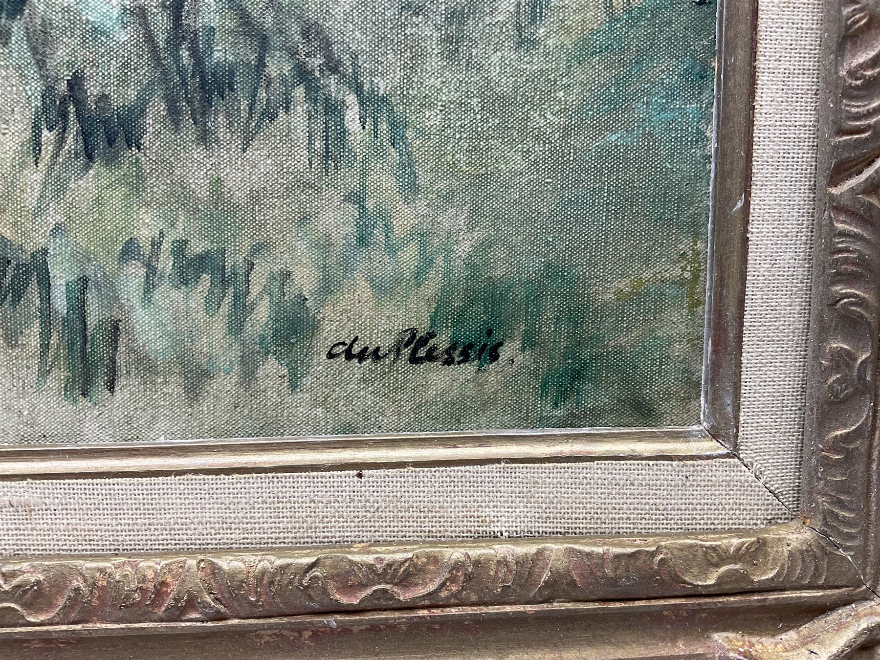 Enslin Hercules Du Plessis (South African 1894-1978): 'Fir Trees from Lynch Hill Lane', oil on canvas signed, titled on the frame 48cm x 59cm