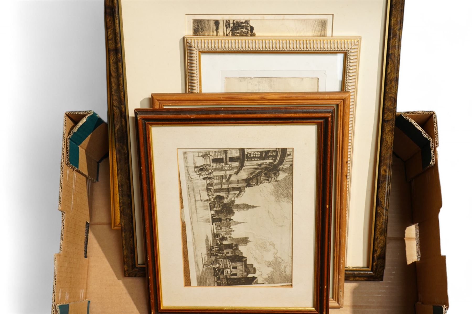 Collection of framed artworks, including a watercolour by  Lance Cattermole (British 1898-1992): View of the Victoria Memorial and the gates of Buckingham Palace; Five etchings, one watercolour, one portrait. 