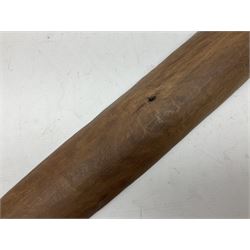 Australian Aboriginal shield, carved with Kangaroo and Emu, 74.5cm; Spear painted with aquatic creatures 78cm, and Spear thrower 81cm (3)