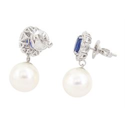 Pair of 18ct white gold sapphire, diamond and pearl pendant stud earrings, the oval cut sapphires, round brilliant cut and emerald cut diamond clusters, suspending a culture white / pink pearl, stamped 18K, total sapphire weight approx 2.15 carat, total diamond weight approx 1.00 carat