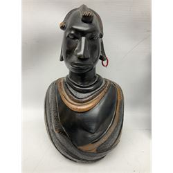  African ebony carved male bust, together with two spears etc, spear L50cm