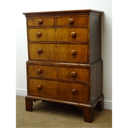  19th century mahogany and rosewood chest on chest, two short and four long drawers with turned handles, shaped bracket supports, W96cm, H133cm, D50cm  