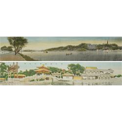 Workshop of Du Jinsheng (Chinese 1897-1943): 'Panorama of Inner West Lake Hangzhou', early 20th century woven silk panel, together with another similar 'Panoramic View of Kunming Lake - Summer Palace', by the Chi Won Lit Weaving Company, Shanghai, housed in matching ebonised frames 24cm x 120cm (2)