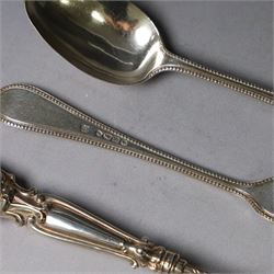 Victorian silver spoon and fork set, each with bead rim and engraved monogram and a silver spoon with scroll handle, with bright cut engraving to underside of bowl, all hallmarked 

