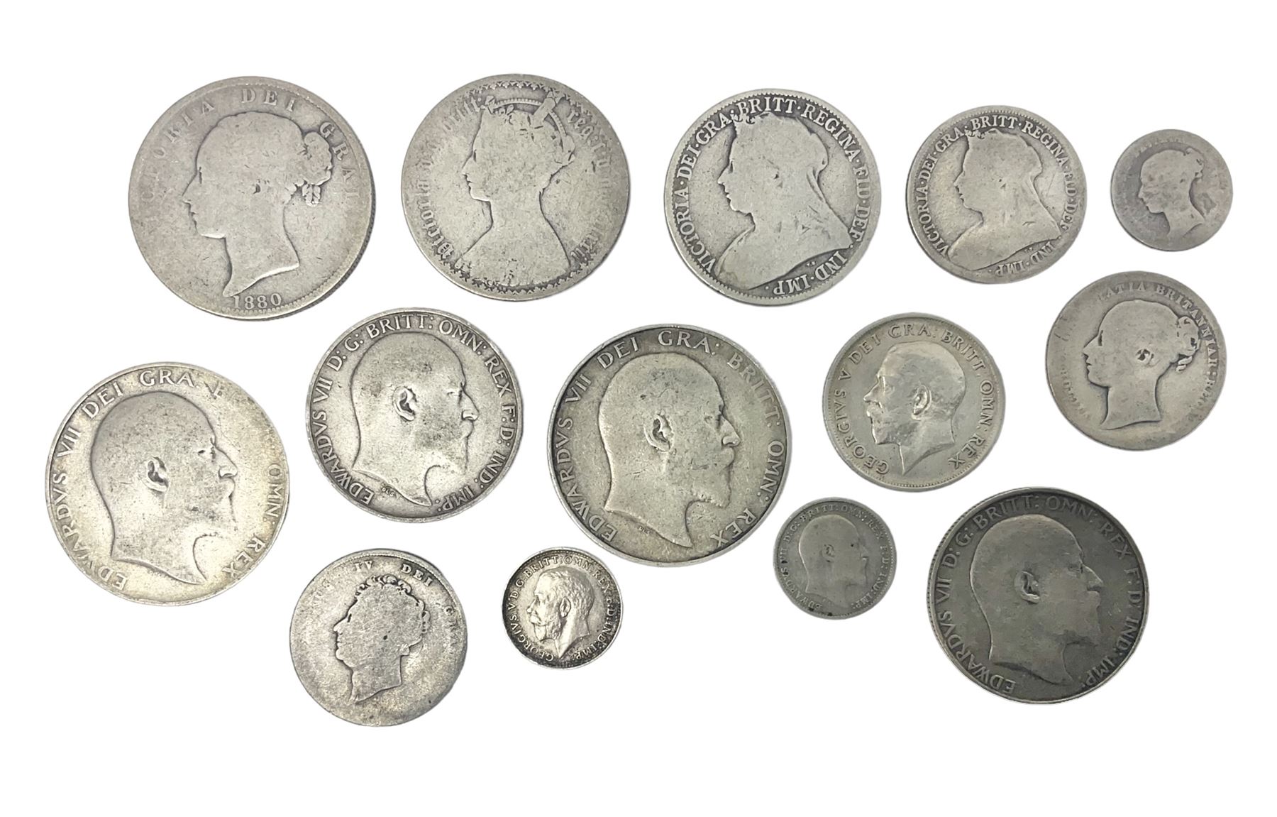 Approximately 110 grams of Great British pre-1920 silver coins, including Queen Victoria 1872 shilling, gothic florin, 1880 half crown, King Edward VII 1907 standing Britannia florin, 1906 and 1907 half crowns etc. 