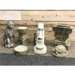 Collection of various stone and composite stone garden ornaments including; cat figure, stone two piece bird bath, Easter island head, tortoise etc.. (11)