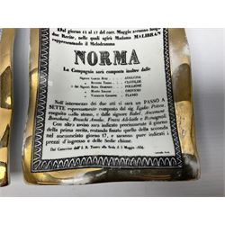 Two Fornasetti rectangular operatic posters ashtrays 'Norma' and 'Iris' decorated with black and white text with a gilt border edge, with printed mark beneath, H16cm