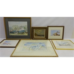  Collection of pictures including 'Crab Boat, Trimingham', oil on board signed Keith Johnson, Seascapes, watercolours signed Hilary Dymond, 'Harbour, Tenby', signed W Glyn Heard etc max 39cm x 49cm (9)  