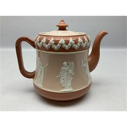 Late 19th century Wiltshaw & Robinson, early Carlton Ware teapot, decorated in relief with Grecian figures on pink ground, registration number 289951, H16cm, together with a Coalport cornucopia vase, both with printed marks beneath