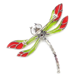  Silver plique-a-jour, marcasite and garnet dragonfly brooch, stamped 925  