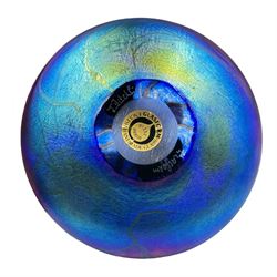 John Ditchfield for Glasform disc paperweight in iridescent blue with green lily trail and silver hallmarked frog to top, D13cm