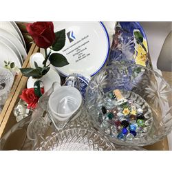 Quantity of ceramics and glassware to include jardinière on stand, candlesticks, drinking glasses, cake stands, Ringtons teapots, Goss, misc etc in four boxes