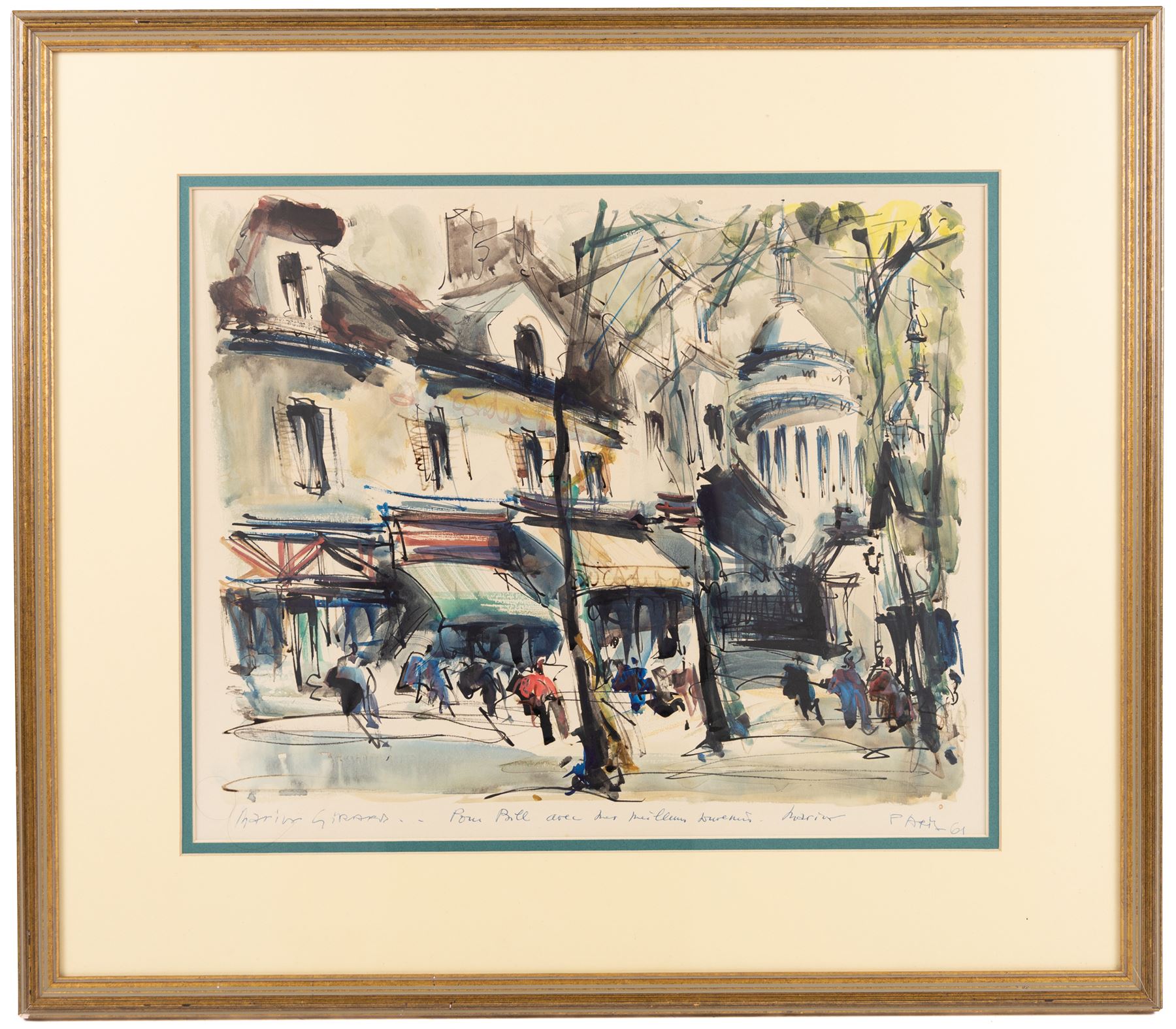 Maurice Girard (French 20th Century): French Street Scene, watercolour signed, with inscription 'Pour Bebe-', 35cm x 43cm 