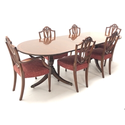  Regency style mahogany twin pedestal dining table on splayed supports (W198cm - 244cm, H75cm, D91cm) and six Hepplewhite style dining chairs (W59cm)  