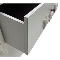 French design white painted chest, shaped top over three drawers, each with applied swags with flower heads, flanked by cabriole uprights with foliate mouldings