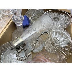 Quantity of glassware to include silver plate mounted claret jug decorated with bird upon flowering branches, Stuart decanter, various drinking glasses and flutes, Caithness vase, Swarovski, boxed Princess Crystal glasses etc in two boxes