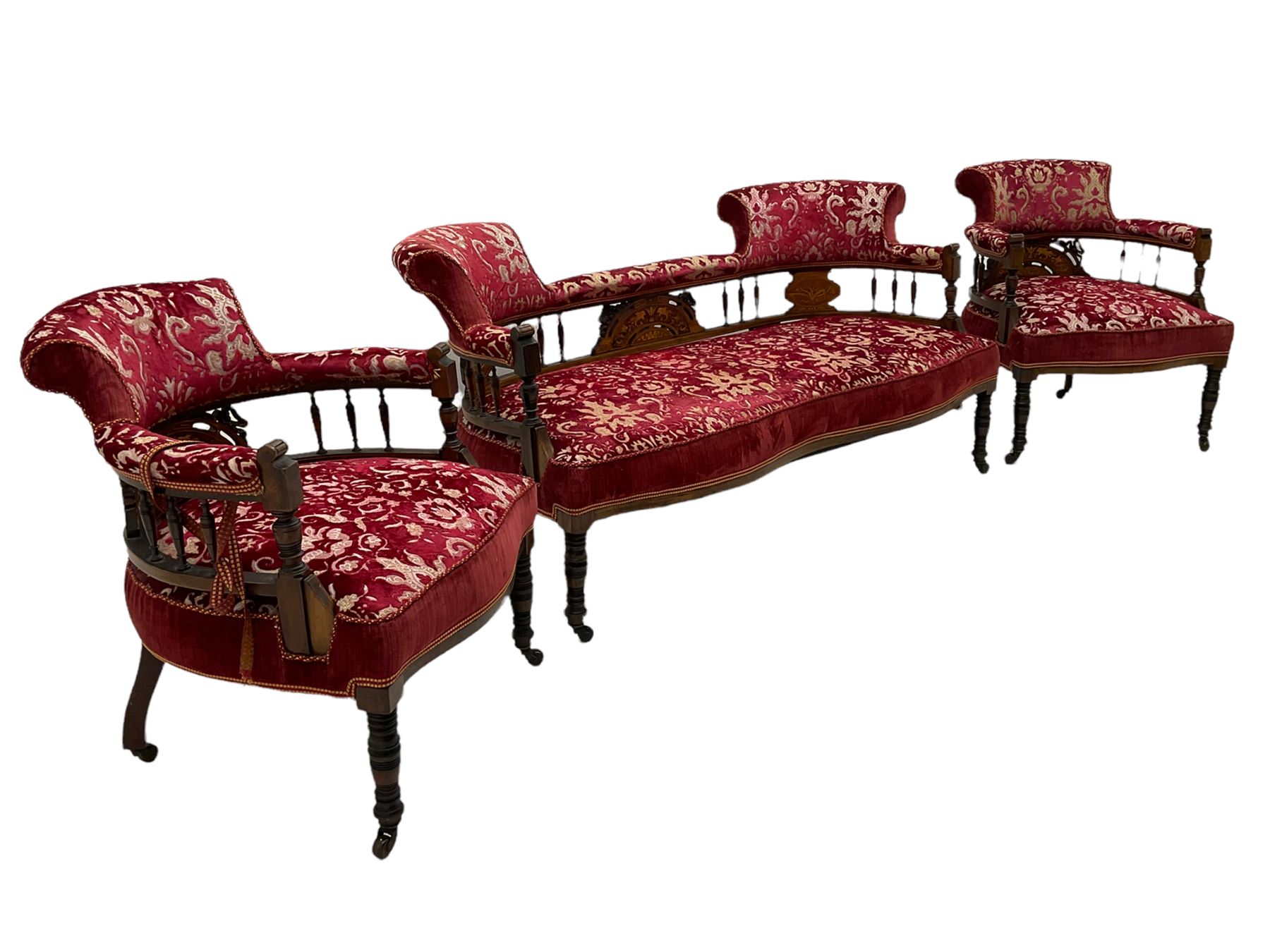 Edwardian inlaid rosewood salon suite, upholstered in red and gold fabric, comprising two seat sofa, pair of tub shaped armchairs, and four side chairs