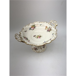 19th century dessert service, comprising large comport, two serving dishes, and six plates, each painted with floral sprays within gilt borders, comport H21cm, serving dishes L28cm, plates D22cm