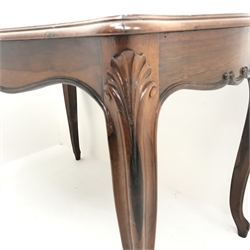 Victorian rosewood writing desk, leather inset top, shell carved cabriole legs, W113cm, H75cm, D71cm