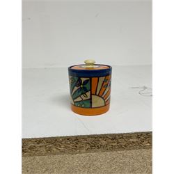 Clarice Cliff Fantasque for Wilkinson Pottery preserve pot, circa 1928, of drum form decorated in Sunray Leaves pattern, H8cm