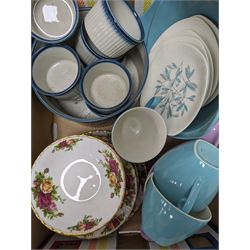 Royal Doulton figure Joy, Royal Albert Old Country Roses ceramics, Aynsley Blue Garland dinner wares, and a collection of other ceramics, in two boxes 