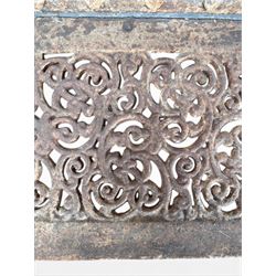 Victorian revival Carron Foundry design heavy cast iron two seat garden bench, scrolled arms with pierced lattice seat, finished in antique white paint