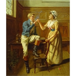  Talbot Hughes (British 1869-1942): Lighting the Gentleman's Pipe, oil on board signed and dated 1890, 32cm x 27cm    