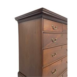 George III figured mahogany chest-on-chest, projecting moulded cornice over two short and six long graduating cock-beaded drawers, on bracket feet