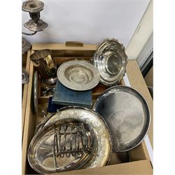 Three boxes of silver plate to include pair of candelabras, cutlery to include mother of pearl handled examples, teapots etc, other metalware in three boxes