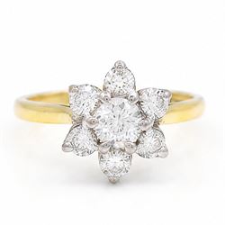 18ct gold diamond flower head cluster ring, principal round cut diamond of approx 0.55 car...