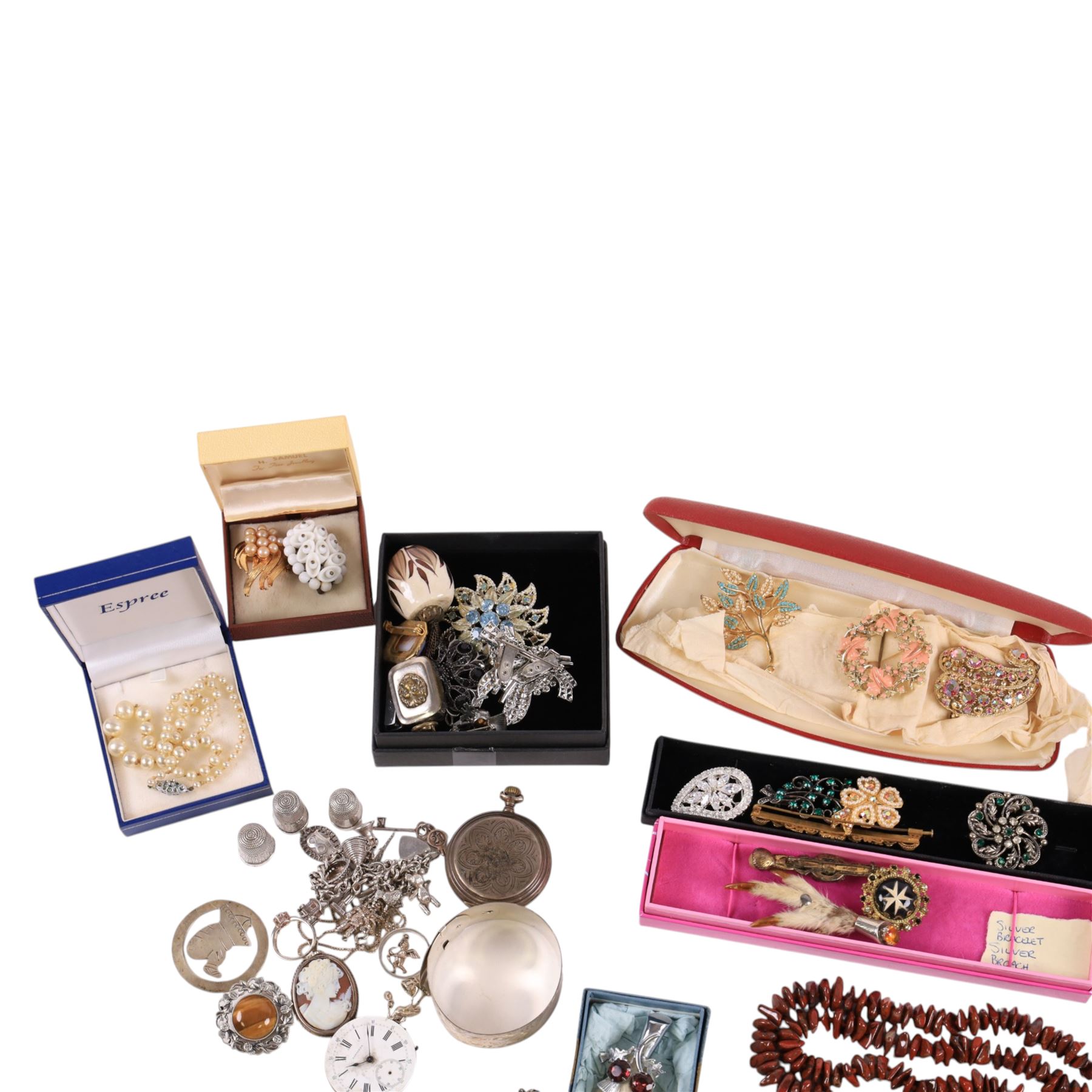 Three silver thimbles, silver jewellery including buckle bangle, charm bracelet, continental 800 pocket watch, pendant, brooch, etc, together with a collection of costume jewellery
