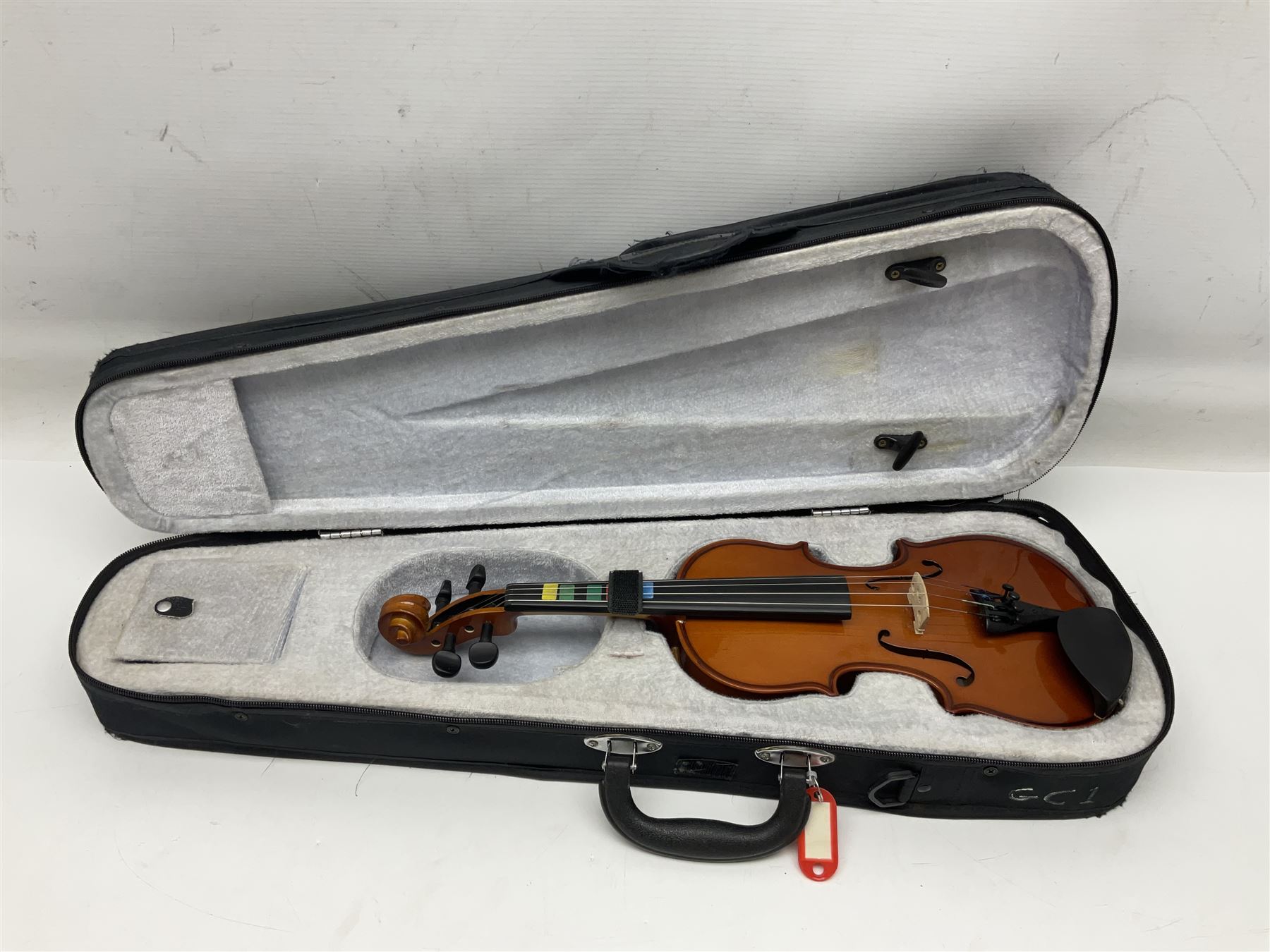 Four student violins - two Chinese three-quarter size with 33.5cm and 34cm two-piece backs; Stringers of Edinburgh quarter size with 28cm two-piece back; and Stentor quarter size with 28cm two-piece back; each in carrying case (4)