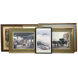 After Sir Joshua Reynolds (British 1723-1792): 'Lord Henry and Lady Charlotte Spencer', engraving with hand colouring pub. 1790; After Heywood Hardy (British 1843-1933): 'In the Lap of Luxury', engraving; After John Watson Nicol (British 1856-1926): 'An Immediate Settlement will Oblige', engraving; after Charles Staniland (British 1838-1916): 'Saved at Last', engraving; After Gaton Woodville: 'In the Nick of Time', colour print; after Victor Venner: 'The Mowbray Hunt Checked', colour print together with pair colour prints after Fred Elwell, a Chinese print, a mirror, further pictures etc, max 45cm x 68cm