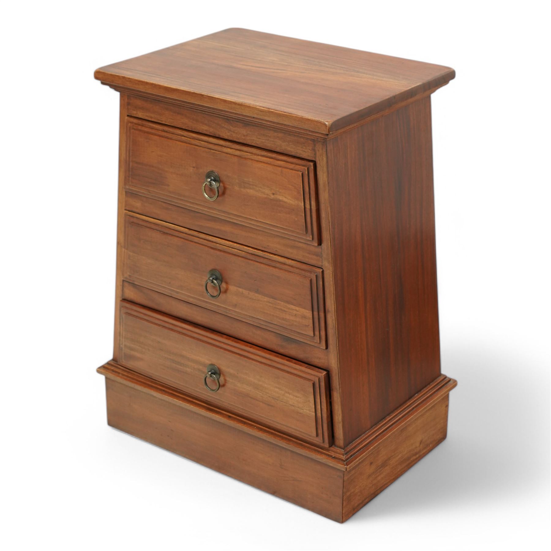 Cherry wood pedestal chest, rectangular tapered from fitted with three drawers, on plinth base