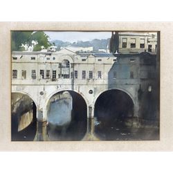Brian C Lancaster (Bristol Savages 1931-2005): 'Pulteney Bridge' Bath and The Severn Suspension Bridge, two watercolours signed, the former titled and dated April 1987 on label verso 33cm x 45cm and 26cm x 35cm (2)