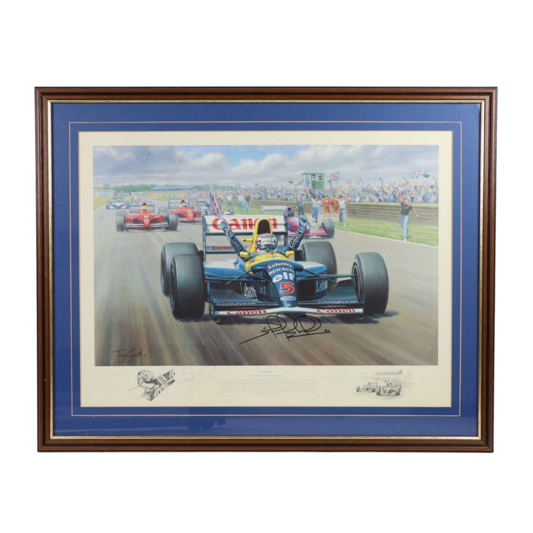 Signed limited edition Nigel Mansell print 'Victory', signed by Nigel Mansell and artist Tony Smith, framed, frame H64cm, W80cm