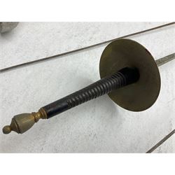 20th century Indian Tulwar sword with 71cm plain curving steel blade and iron hilt with extended langets, knopped grip and spiked pommel; in canvas covered wooden scabbard L87.5cm overall; together with five fencing swords comprising four foils and one epee, three marked Leon Paul, one in carrying case (6)