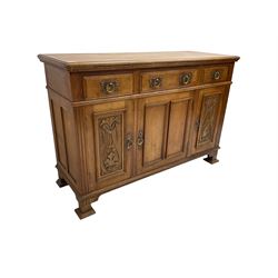Late 19th century walnut side cabinet, rectangular moulded top over three drawers and three cupboards, fluted uprights, on block feet
