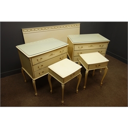  Pair of French style cream and gilt chests, three drawers, cabriole legs, (W77cm, H81cm, D50cm), a pair of matching bedside cabinets with single drawer and matching double headboard  